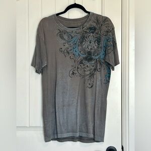 Affliction Archaic Collection Gray Graphic Short-Sleeve Tee with Blue Accent